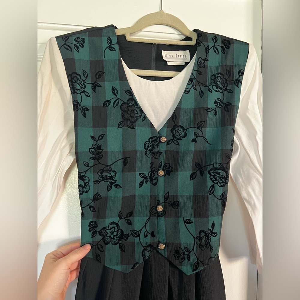 Vintage 80s Miss Dorby Oktoberfest Plaid Floral Maxi Dress Size 10 Green Gingham - Picture 3 of 14
